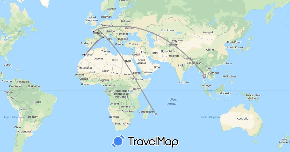 TravelMap itinerary: driving, plane, train in Spain, France, Morocco, Thailand (Africa, Asia, Europe)